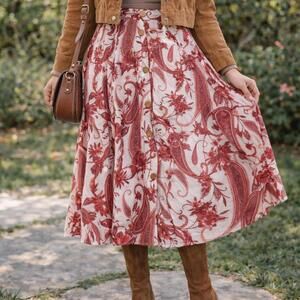 Mlle Gabrielle Red Coral Paisley Button Front Skirt - NWT - Size Large